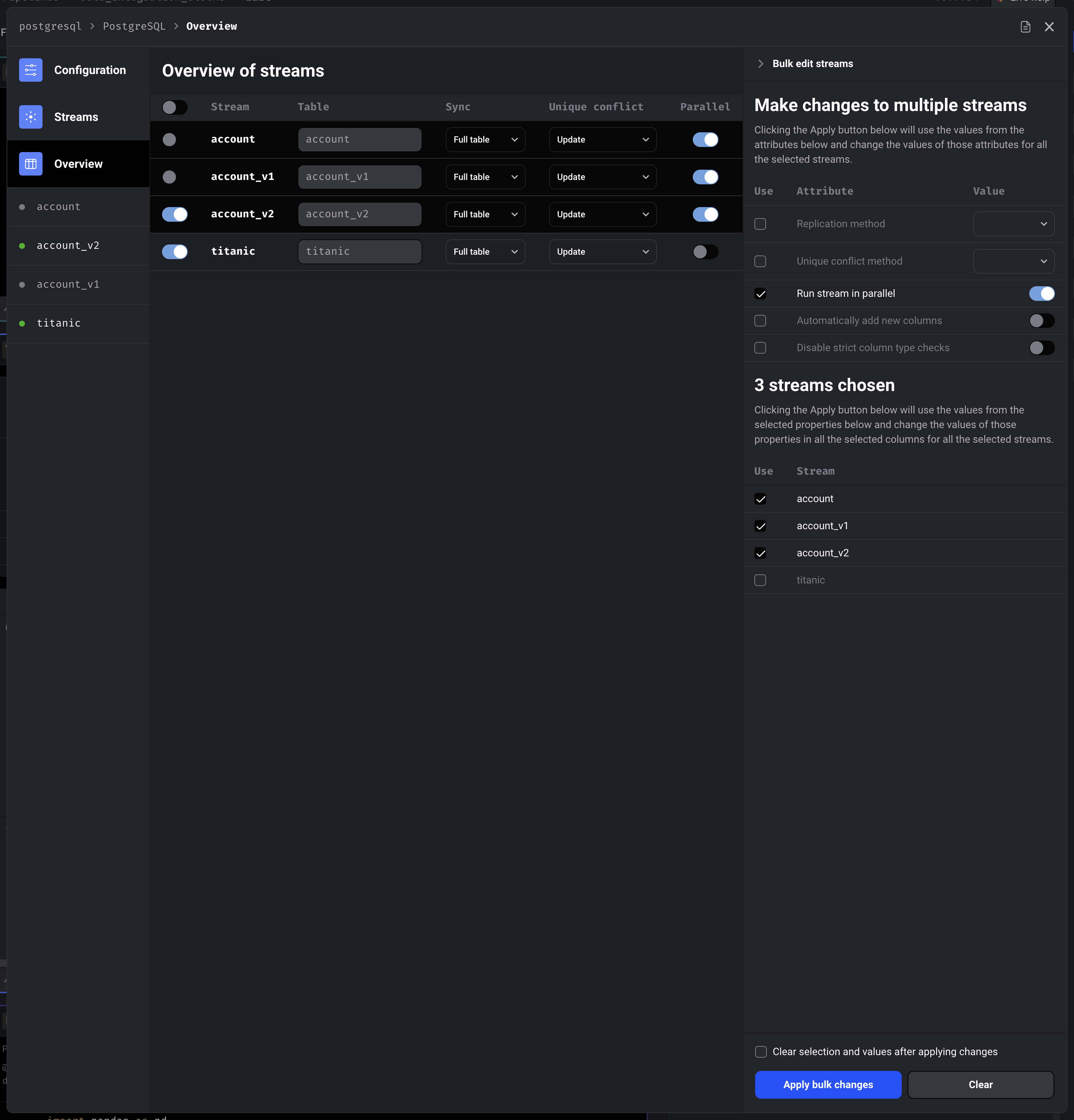 Streams overview with bulk editing