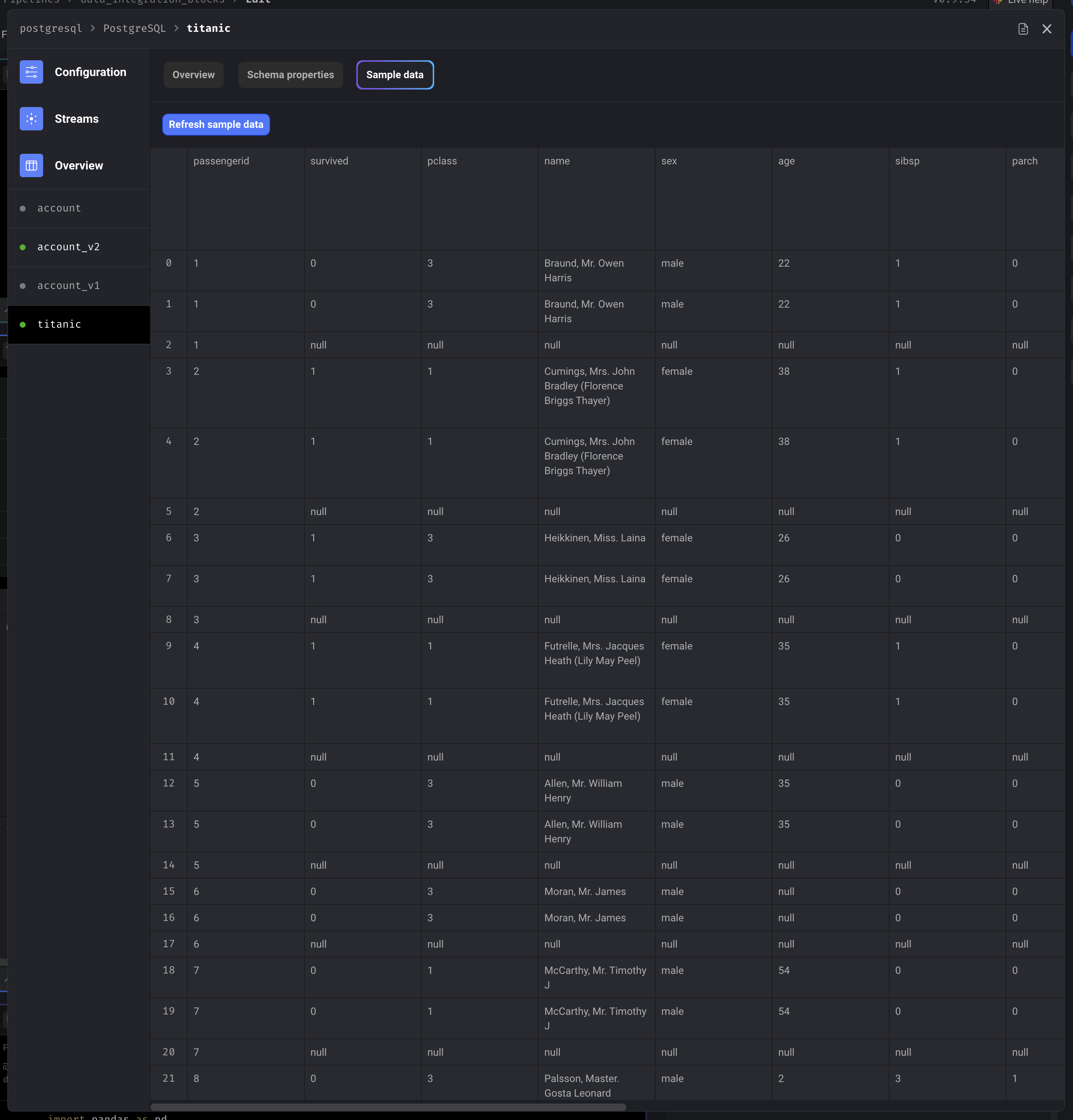 Stream detail sample data