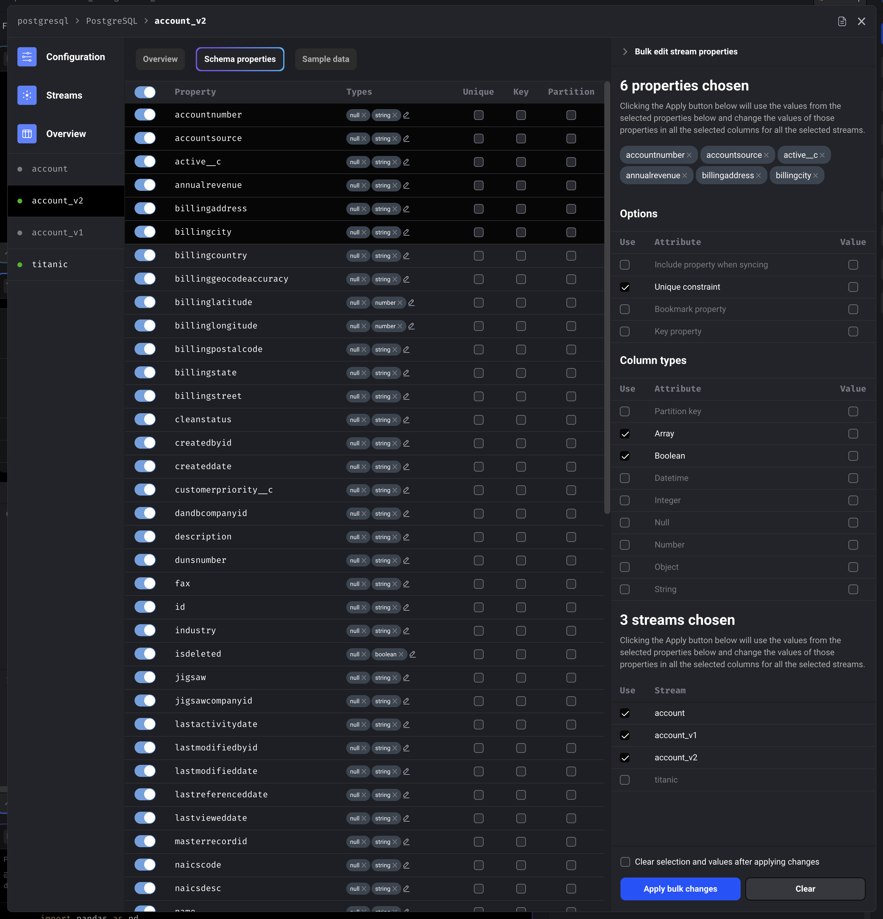 Stream detail schema properties with bulk editing