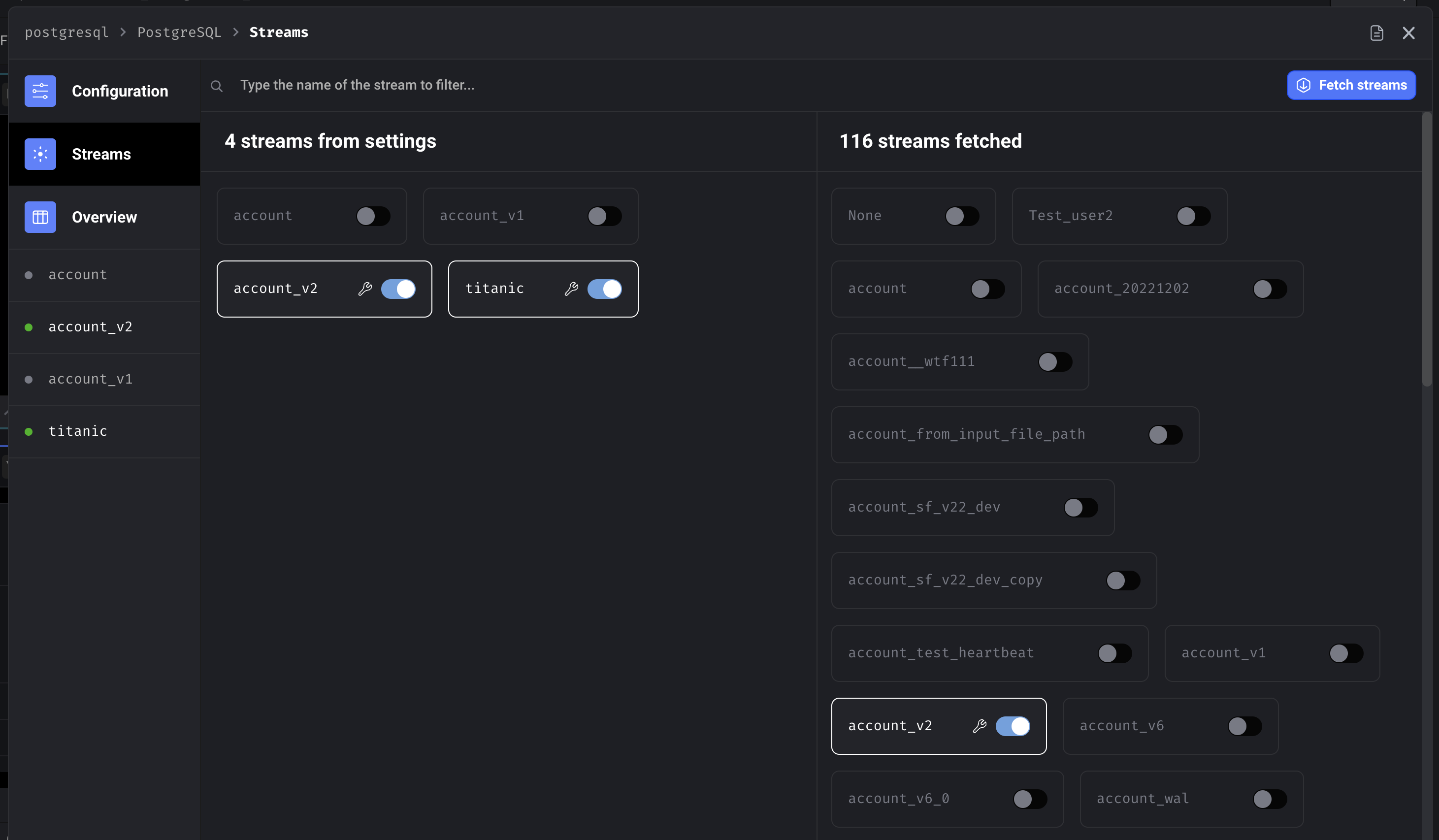 Select streams