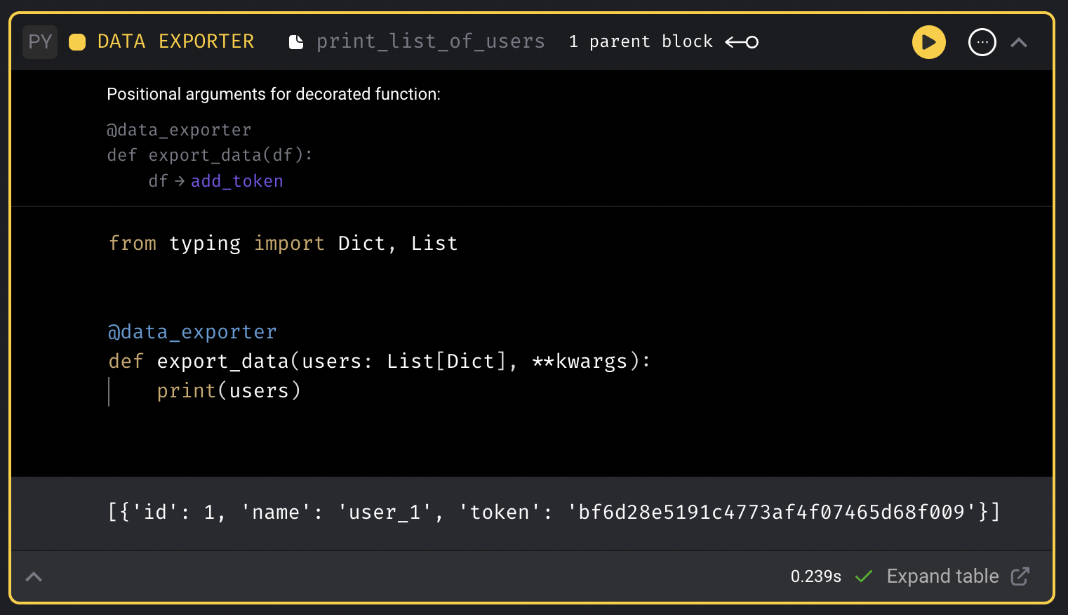 Data exporter block from dynamically created block with reduce output