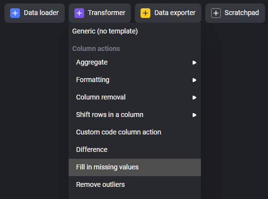 Image of transformer block template drop down highlighting "Fill in missing values"