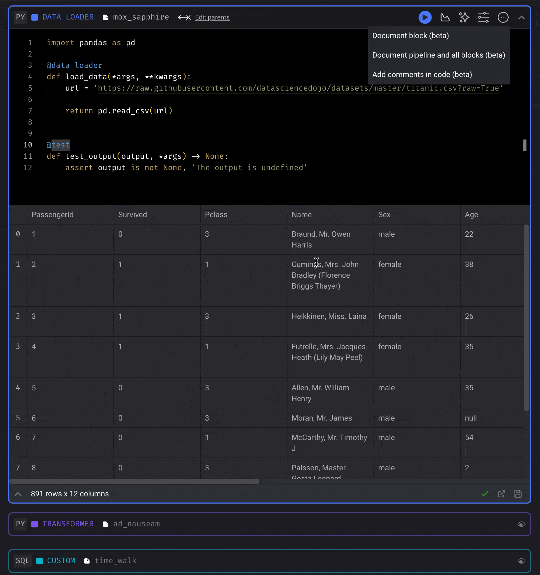 Document the code from a block.