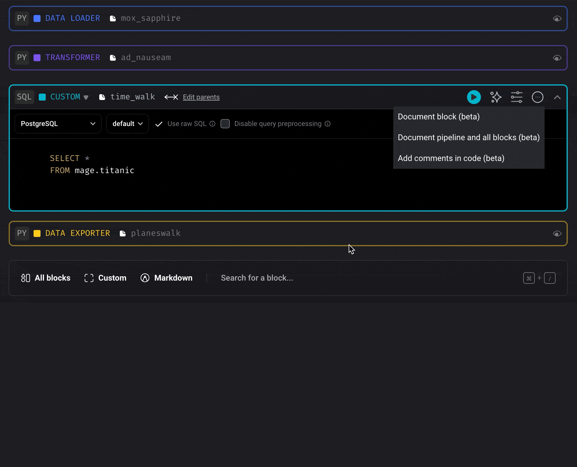 Document the entire pipeline and each block in it.