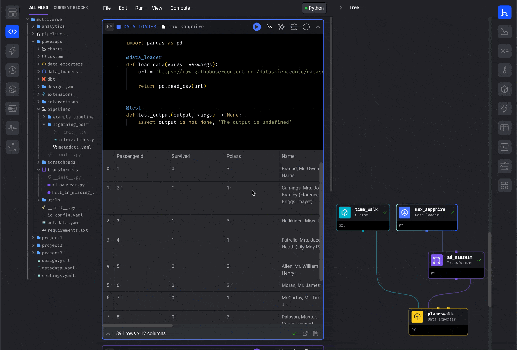 Drag blocks from the file browser and drop it on the pipeline