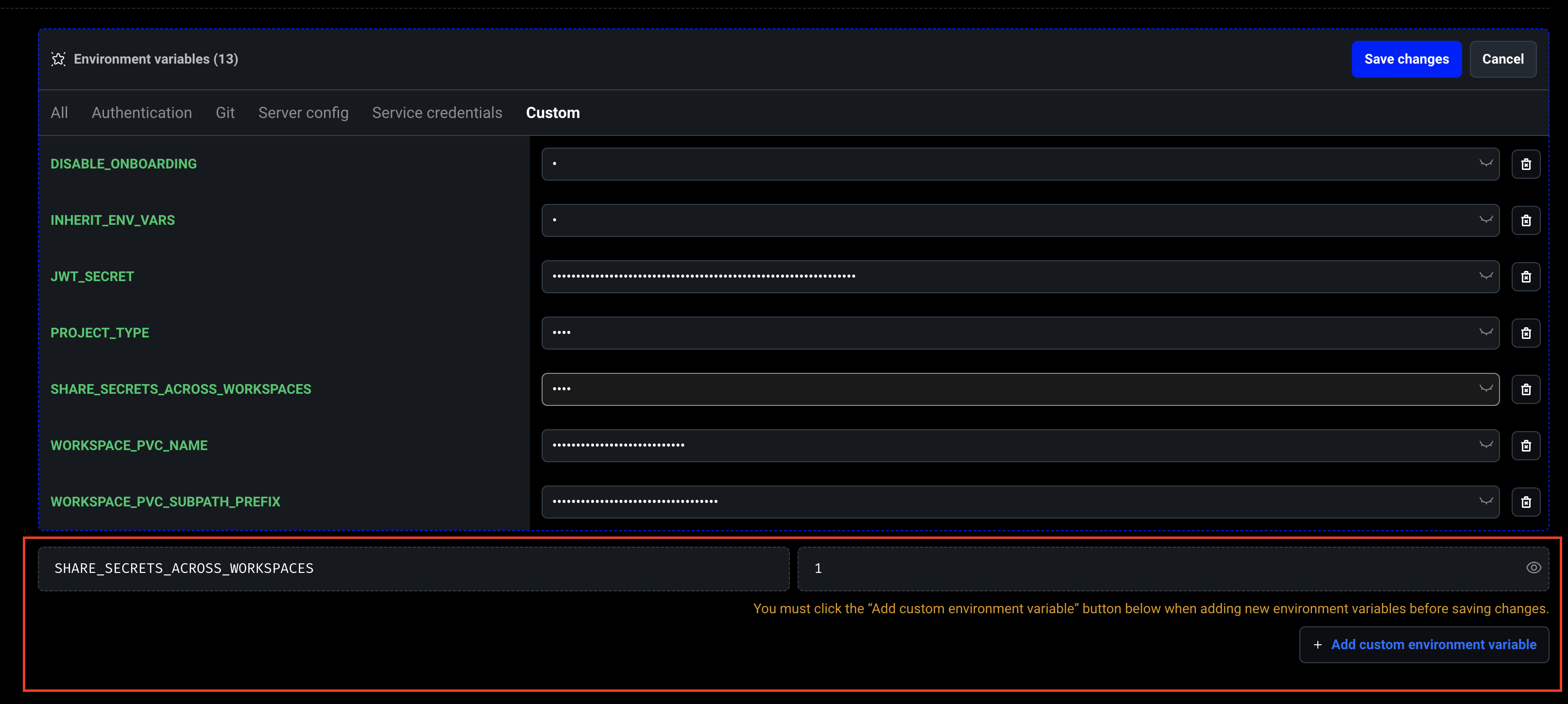 Add key value pairs at the bottom of the add/edit env var page