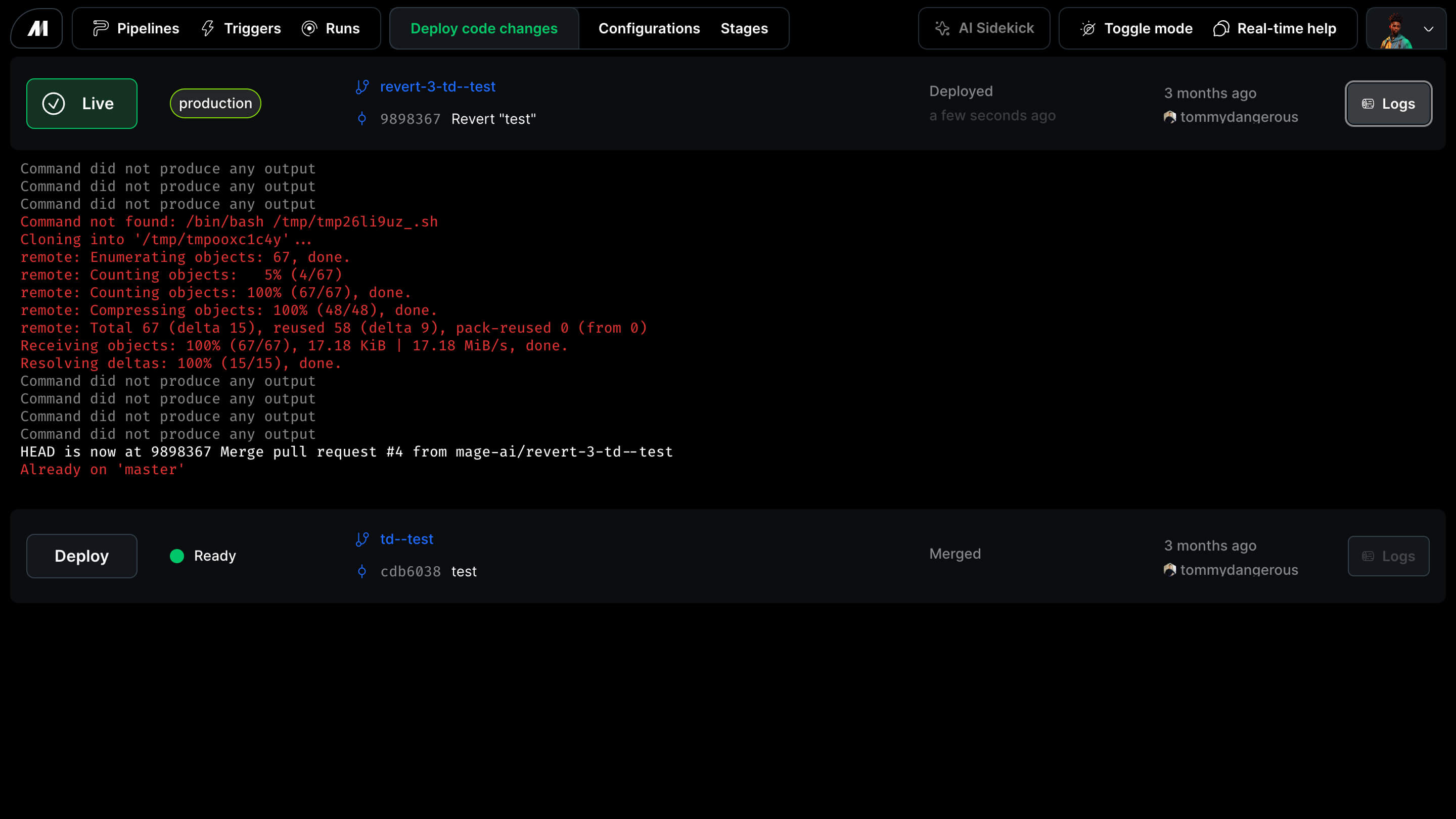 Mage Pro Deploy new code changes or rollback