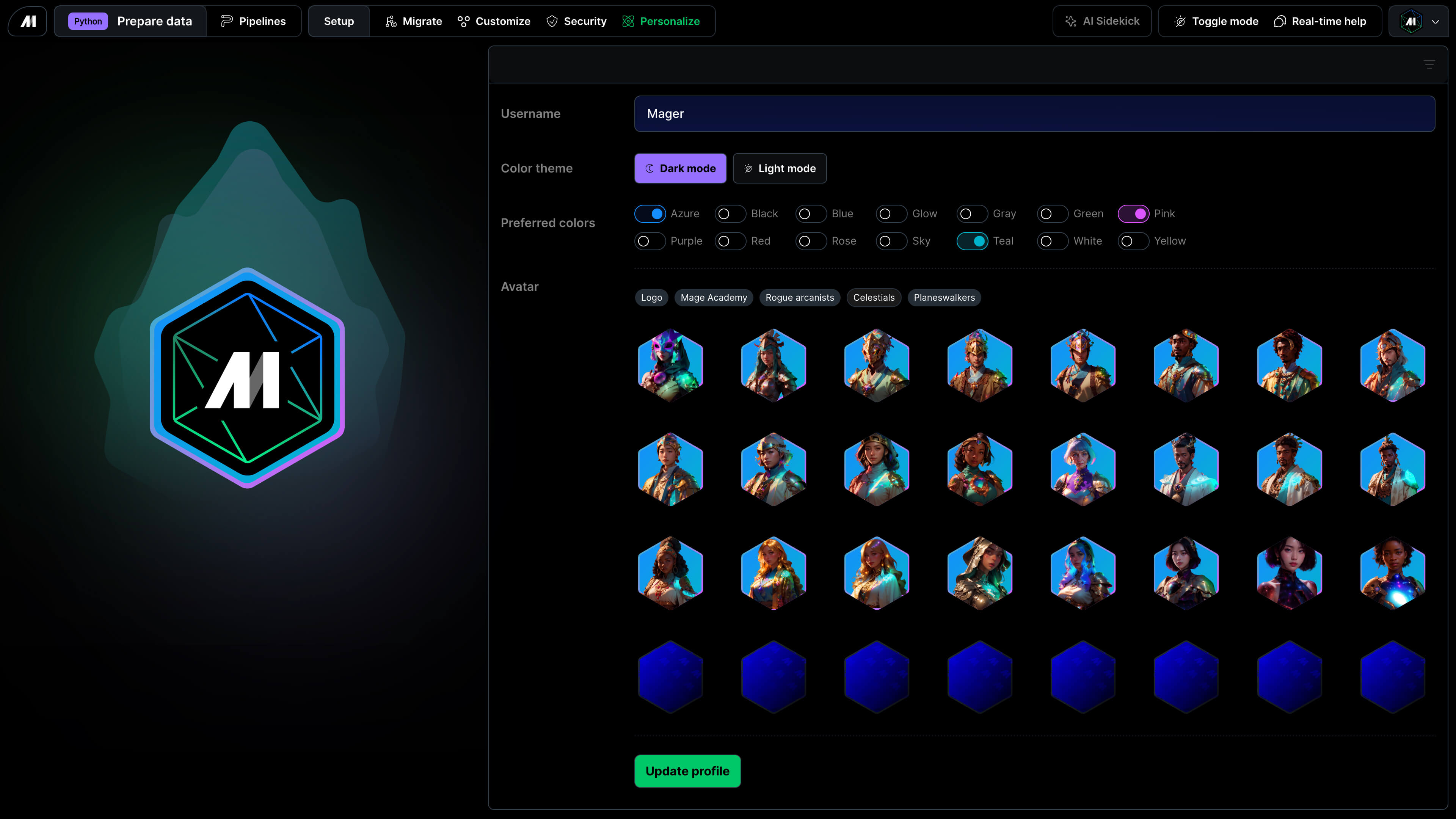 Mage Pro Personalize workspace dark