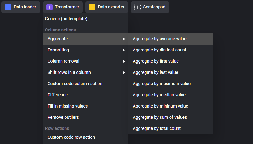 Image of transformer block template drop down highlighting "Aggregate/Aggregate by average value"